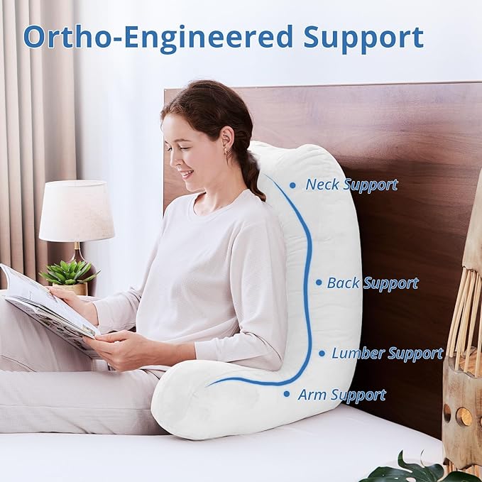 Sasttie 25-inch Reading Pillows for Sitting in Bed Adult, Jumbo Velvet Back Pillow Bed Sitting Up, XL High Back-Rest Support Cushion for Sit Up on Couch & Floor, Oeko-Tex Certified, White