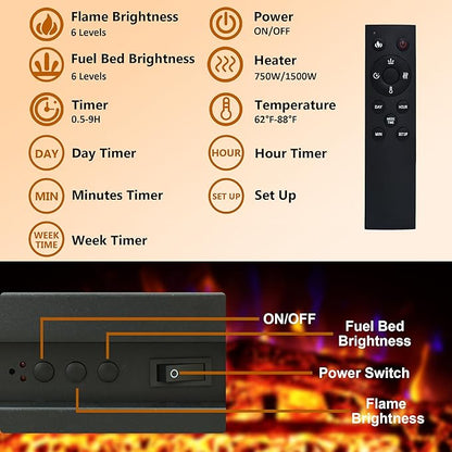 23.6 Inch Electric Fireplace Insert, Recessed Electric Fireplace Heater
