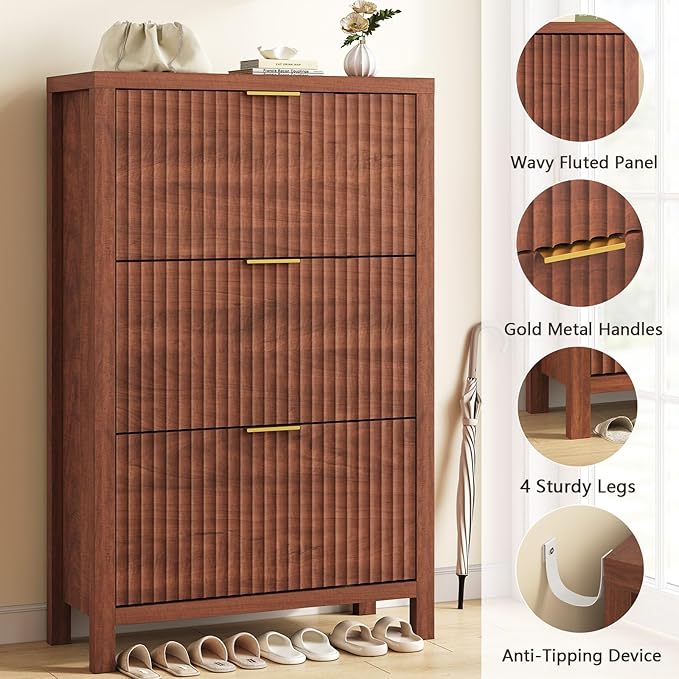 Shoe Cabinet Storage for Entryway, Fluted Shoe Cabinet