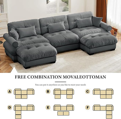 130" Grey Modular Sectional Sofa, 3 Seater Large Sectional Couches for Living Room, Velvet Fabric Oversized Fluffy Cloud Couch with Ottoman, Deep Seat Home Sofas Set, Sofá Moderno, U Shaped