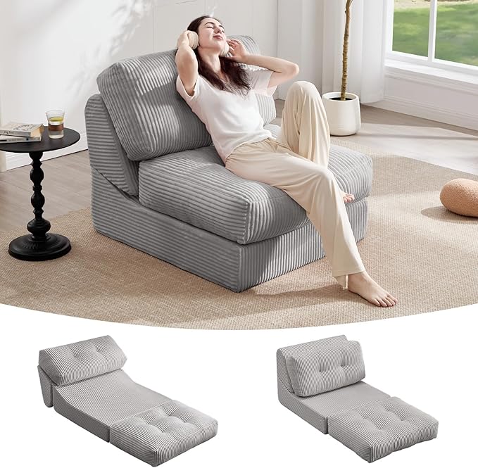 Tbfit Folding Sofa Bed, Convertible Sleeper Chair with Large Pillow, Corduroy Folding Couch Bed, Portable & Foldable Mattress Boneless Floor Sofa for Living Room, Bedroom, Office, Grey, Single