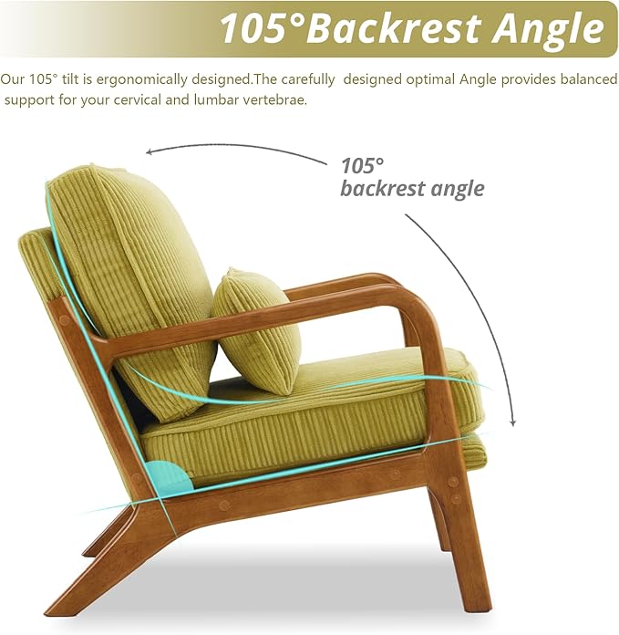 Karl home Mid-Century Modern Accent Chair, Living Room Chairs with Pillow Corduroy Upholstered Lounge Armchair with Solid Wood Frame & Soft Cushion for Bedroom, Reading Room, Green