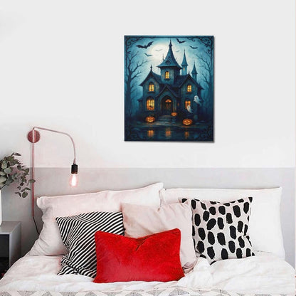 Halloween Gothic Wall Art Castle Pumpkin Ghost Bat Canvas Wall Decor Dark Academia Pictures Painting Print Framed Artwork Decorations Gifts for Halloween Living Room Bedroom Office 20"x24"