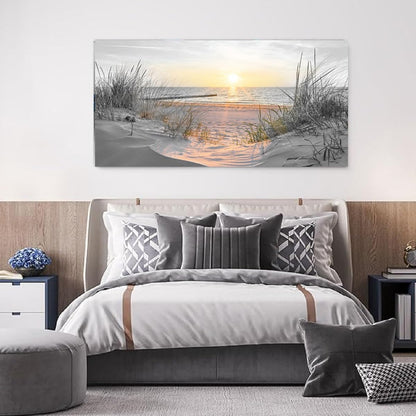 Yxbhhym-Beach Wall Art Prints Sunset Black and White Wall Art Coastal Wall Decor Ocean Picture for Living Room Wall Art Bedroom Seascape Artwork Sea Scene Painting Modern Bathroom Office Decor