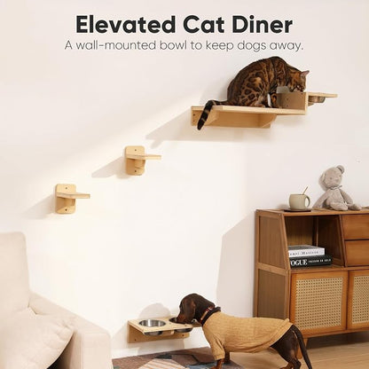 FUKUMARU Cat Wall Shelves, Food Station with 2 Steps | 3 in 1 Cats Walls Furniture Set, Birch Plywood Perch, Suitable for Kitten Play, Nap, Eat, DIY Wall Jungle Gym
