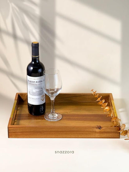 Acacia Wood Serving Tray - Set of 3 with Golden Steel Handles 18", 16" & 14" with 6 Coasters - for Coffee Table, Ottoman in Living Room, Breakfast in Bed, Jewelry, Decorative