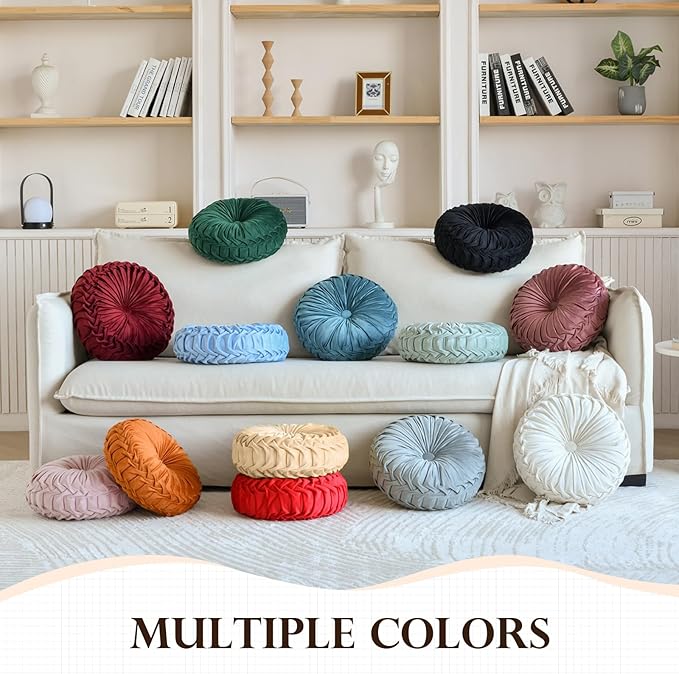 Teieas Round Pillows Velvet Pleated Circle Pillow Chair Cushion Floor Pillows Home Decorations for Home Couch Chair Bed Car Burgundy