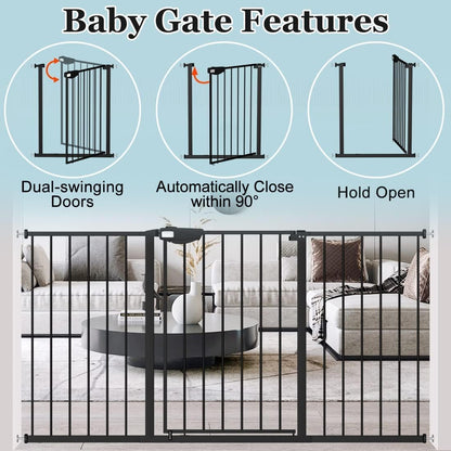 WAOWAO Triple Lock 49.21-66.54" Baby Gate Extra Wide Pressure Mounted Walk Through Swing Auto Close Safety Black Metal Dog Pet Puppy for Stairs,Doorways,Kitchen
