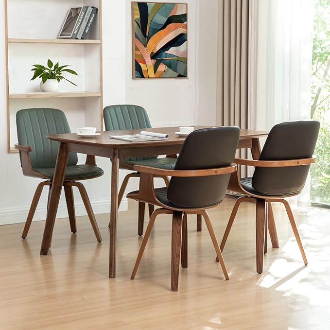 WUPOTO Set of 1 Swivel Dining Chairs, Kitchen Swivel Chairs with Walnut Craftsmanship, Upholstered Faux Leather, Wooden Arms and Legs, Walnut Dining Chairs for Kitchen/Living Room - Black