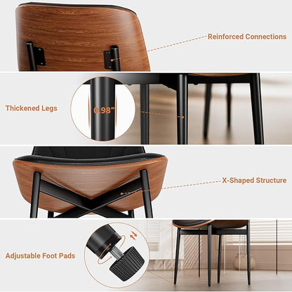 YaFiti Dining Chairs Set of 8, Dining Room and Kitchen Chairs, FSC Certified Mid Century Modern Accent Chair, Upholstered PU Leather Chairs for Vanity with Walnut Bentwood and Metal Legs, Black