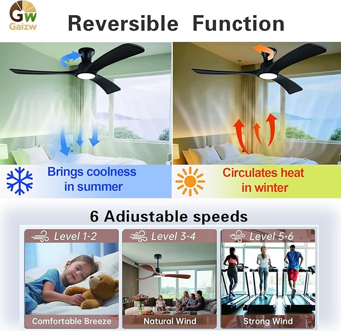 Gaizw Black Ceiing Fans with lights and Remote Control, 52 Inch Modern Wooden