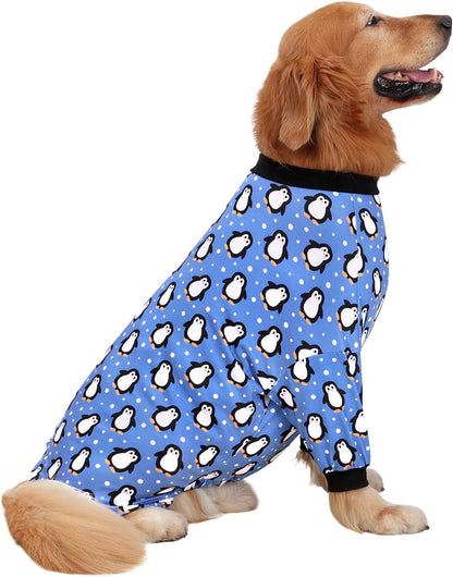HDE Dog Pajamas One Piece Jammies Jumpsuit Pet Clothes Outfit Stretchy Lightweight Comfy Shirt Pjs for M-3XL Dogs Penguin Polka Dots - 2XL