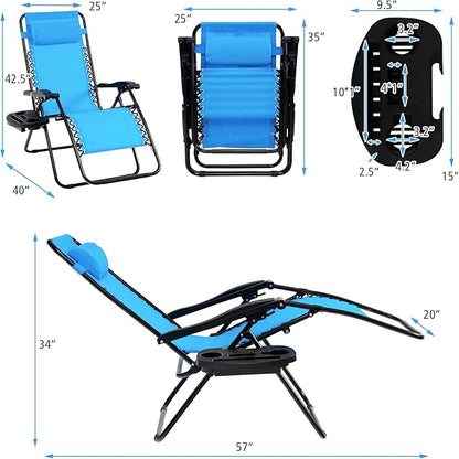 Tangkula Set of 2 Zero Gravity Chair, Folding Patio Lounge Chair Adjustable Outdoor Recliner with Cup Holder, Wide Armrest for Patio Garden Poolside Outdoor Yard Beach, Support 350 lbs (2, Blue)