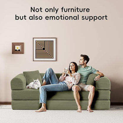 ZQRhome 79" 5-in-1 Convertible Sofa Bed, Luxe Comfort Sleeper with Sturdy Frame, No Assembly Corduroy Couch for Living Room, Apartment & Relaxation, Light Green
