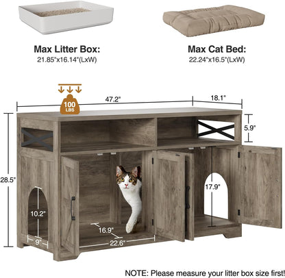 Cat Litter Box Enclosure for 2 Cats, 47" Hidden Litter Box Furniture Cat Washroom with Double Large Room, Farmhouse Indoor Litter Box Cabinet TV Stand, Grey