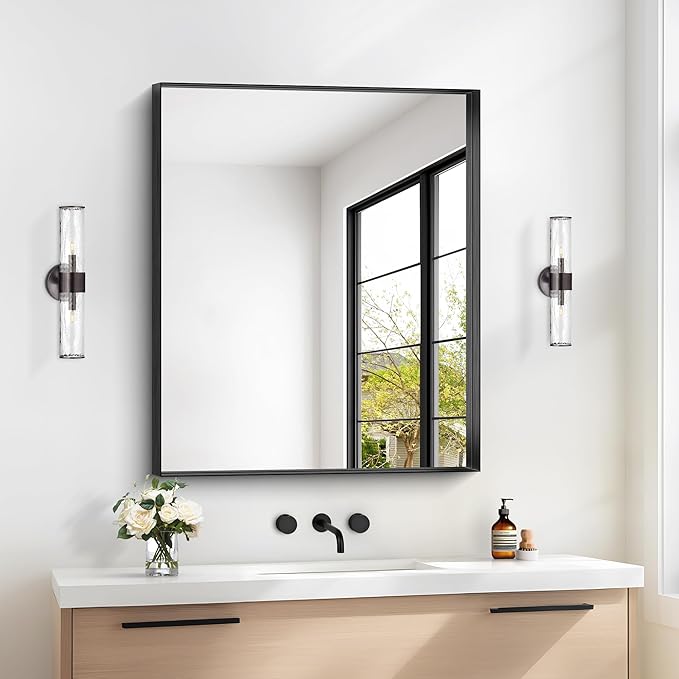 Black Bathroom Mirror, 30x36 Inch Rectangular Framed Mirror, Large Wall Mounted