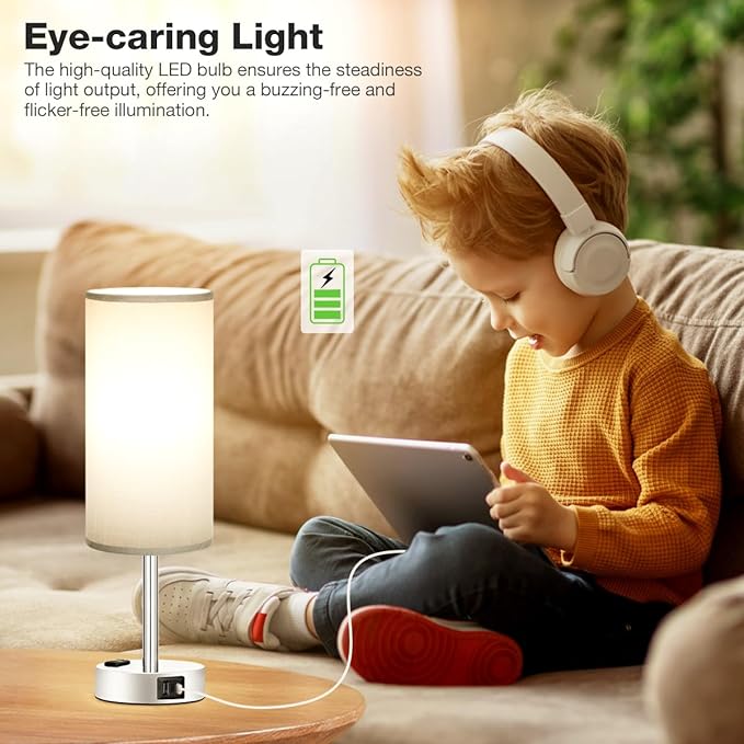 Fenmzee Grey Nightstand Table Lamp for Bedroom - 3 Way Dimmable Bedside Lamp USB C A Charging Ports and AC Outlet, Small Table Lamp Silver Base for Living Room, Office Desk, LED Bulb Included