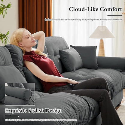 166" Grey Modular Sectional Sofa, 4 Seater Large Sectional Couches for Living Room, Velvet Fabric Oversized Fluffy Cloud Couch with Ottoman, Deep Seat Home Sofas Set, Sofá Moderno