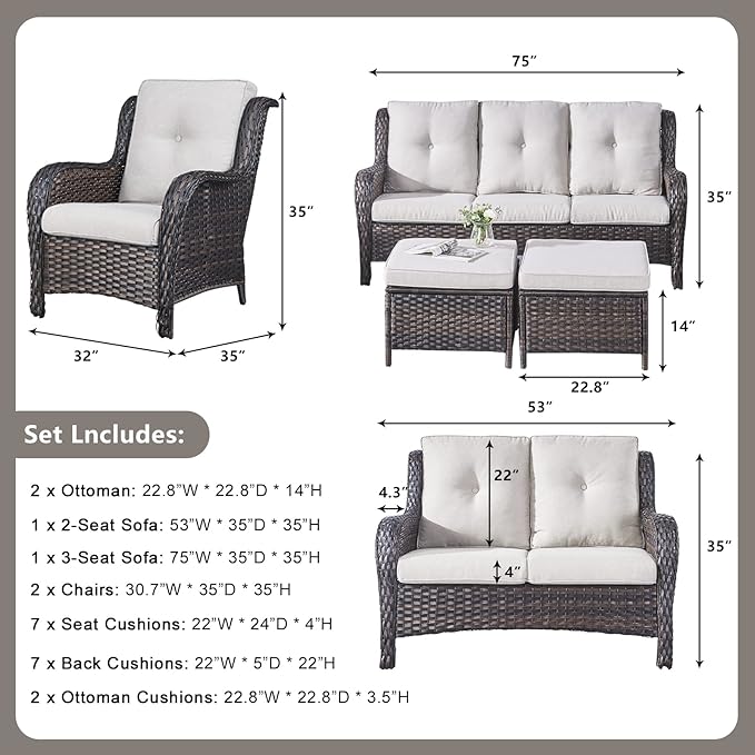 Rilyson Wicker Patio Furniture Set - 6 Piece Rattan Outdoor Sectional Conversation Sets with 1 Sofa,1 Loveseat,2 Armrest Chairs and 2 Ottomans for Porch Deck Garden(Brown/Beige)