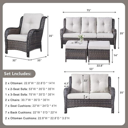 Rilyson Wicker Patio Furniture Set - 6 Piece Rattan Outdoor Sectional Conversation Sets with 1 Sofa,1 Loveseat,2 Armrest Chairs and 2 Ottomans for Porch Deck Garden(Brown/Beige)