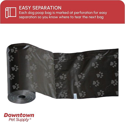Downtown Pet Supply Poop Bags for Dogs with Dispenser, 180 Count - Leak-Proof Dog Waste Bags and Bone-Shaped Dog Poop Bags Holder for Leash - Black with Paw Prints, 12.5" x 8.5"
