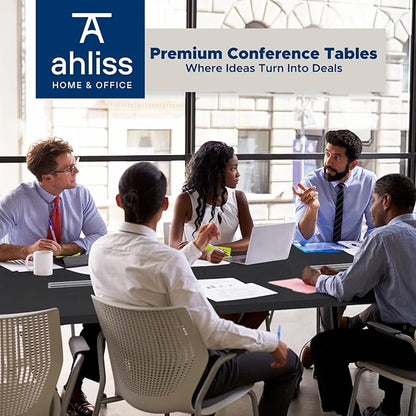 ahliss Sturdy Conference Table with Cable Management Grommets Modern Rectangle Office Meeting Table with Wood Tabletop and Metal Frame & Legs- Easy Assembly Boardroom Table (Black, 10 Foot)