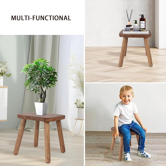 Jurath Natural Solid Wood Step Stool Wood Stool for Kids 11.7'' Sturdy Sitting Stool Wooden Step Stool for Adults Square Stool Wood Plant Stand Small Foot Stool with Four Detachable and Assembled Legs