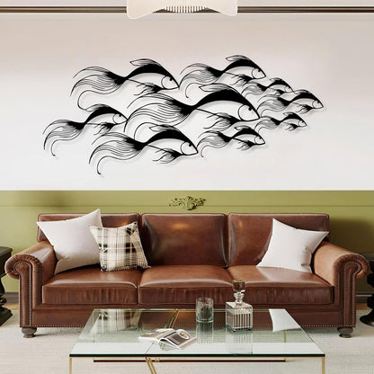School of Fish Metal Wall Art, Metal Fish Wall Decor, Sea Life Wall Art, Large Nautical Wall Hanging, Modern Beach House Wall Decor, Ocean Themed Artwork for Bathroom (White, 59"x25" | 150x64cm)
