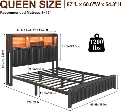Queen Bed Frame 54.3" Tall with 3-Tier Storage Headboard and Charging Station, Metal Platform Bed Frame with LED Lights and PU Leather, Noise-Free, Metal Support, No Box Spring Needed, Black