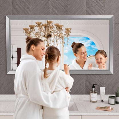 Amorho Bathroom Mirror, 50 X30 Inch Silver Thick Metal Framed Wall Mirrors