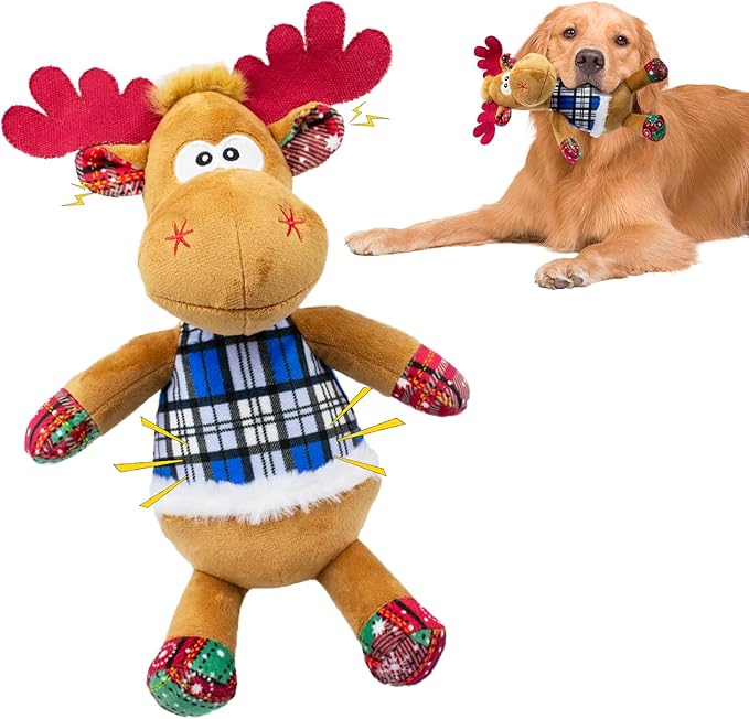 Dog Toys Squeaky Interactive Puppy Teething Chew Toy with Crinkle Sound Paper Tail Stuffed PP Cotton,Keep Them Busy, Large Medium Small Breeds Indoor Play, Christmas Deer