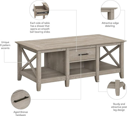 Bush Furniture Coffee Table with Storage with Aged Bronze Hardware | Key West Collection Center Counter for Living Room | 47Wx24Dx18H