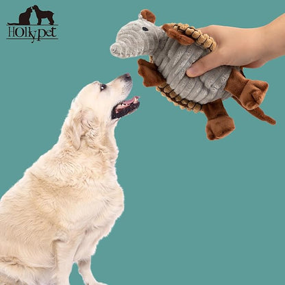 Hollypet Plush Dog Squeaky Toy Stuffed Armadillo Animal Pet Puppy Chew Toys with Clean Teeth for Small Medium Large All Breed Sizes Dogs, Light Brown, 10 in