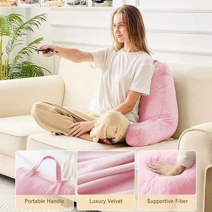 Sasttie Reading Pillow, Velvet Back Pillow for Bed Sitting Up, Adult Back-Rest Support Cushion with Arms for Sit Up on Couch, Sofa, and Floor, Dorm Essentials, Reading Accessories, Pink