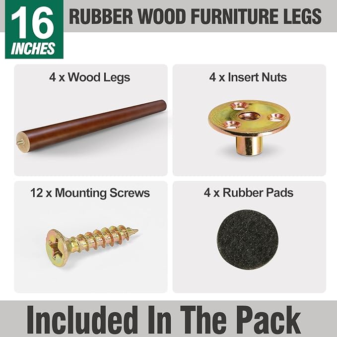 FoDau770 Brown Rubber Wood Furniture Legs 16 Inches, Straight Tapered Wood Feet Mid Century Sofa Legs Set of 4, 5/16" UNC Furniture Feet for Cabinet Couch Dresser Chair Ottoman Table