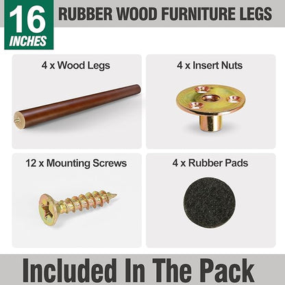 FoDau770 Brown Rubber Wood Furniture Legs 16 Inches, Straight Tapered Wood Feet Mid Century Sofa Legs Set of 4, 5/16" UNC Furniture Feet for Cabinet Couch Dresser Chair Ottoman Table