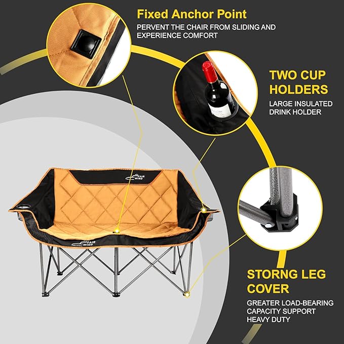 FAIR WIND Oversized Fully Padded Camping Chair Folding Loveseat Camping Couch Double Duo Chair Heavy Duty Quad Fold Arm Chair with Cup Hold - Supports 650 LBS Orange