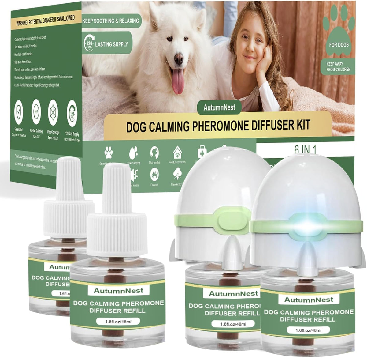 Dog Calming Pheromone Diffuser Kit, Pet Diffuser for Stress Support, Reduces Stress and Promotes Relaxed Behavior, 2 Plug-in & 4 Packs Refill, 120 Day Supply (Non-Toxic, Safe & Inedible), with Light