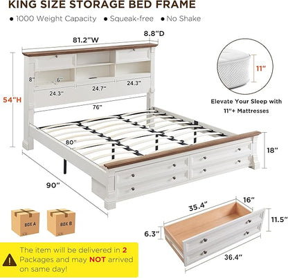 Farmhouse King Size Bed Frame with 54" Tall Storage Bookcase Headboard, Wood Platform Bed Frame with 2 Drawers & 18" Tall Roman Column Decoration Footboard, No Box Spring Needed(Antique White)