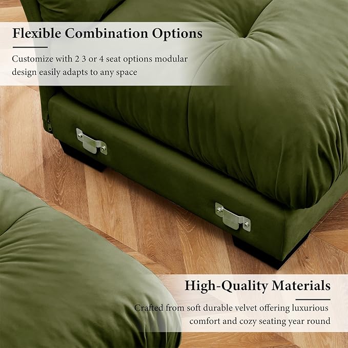 93.7" Loveseat Sofa, 2 Seater Modular Sectional Sofa, Olive Large U Shaped Sectional Couches for Living Room, Fluffy Couch, Love Seat, Velvet Cloud Couch with Ottoman, Deep Seat Sofas for Living Home
