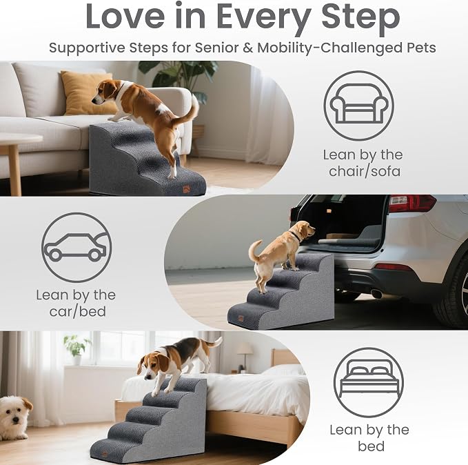 GoGoBunny Dog Stairs for High Bed, 19.7" H 4-Step Ramp Dog Steps, Grey | Pet Steps & Ramp for Small Medium Dogs Cats, oint Friendly, Waterproof Non-Slip, Balanced Durable Indoor Pet Stairs