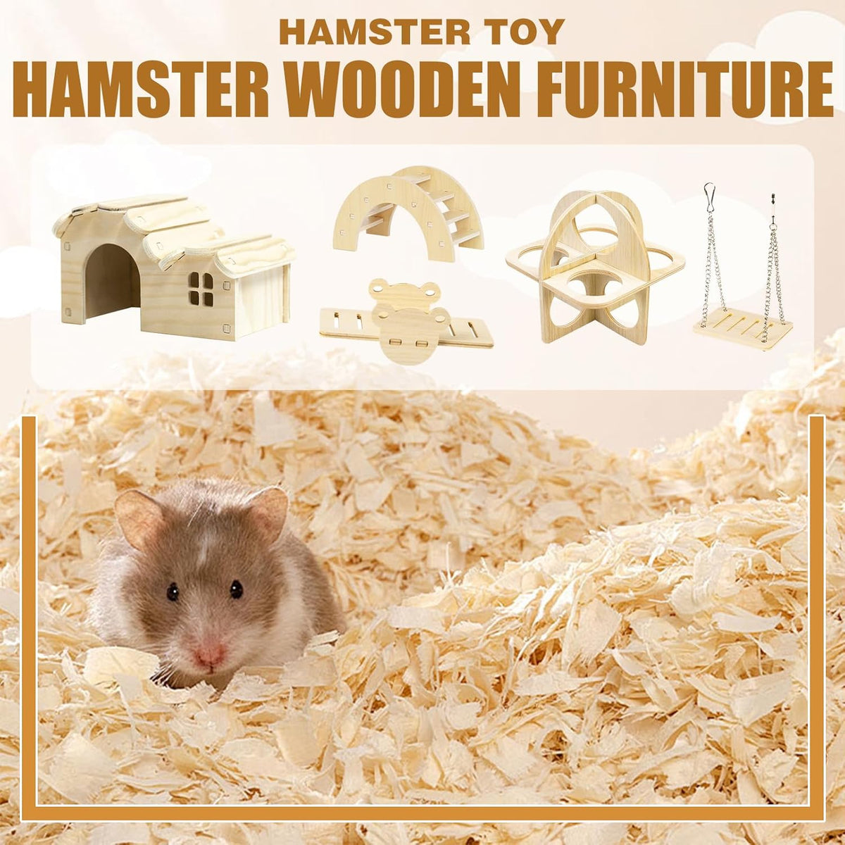Hamster Toys 5-Piece Set,Hamster House, Swing, Climbing Ladder, Seesaw & Exercise Wheel,Pet DIY Sport Exercise Toys Set, Small Animal Habitat Accessories,Gerbils, Mice(Natural Wood A)