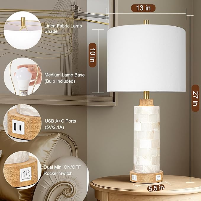 27" Natural Alabaster Wood Table Lamp Set of 2 with Night Light for Living Room, Nightstand Lamps with USB A+C Ports, Linen Shade, Farmhouse Bedside Lamps for Bedroom,Office,Hotel (Bulbs Included)