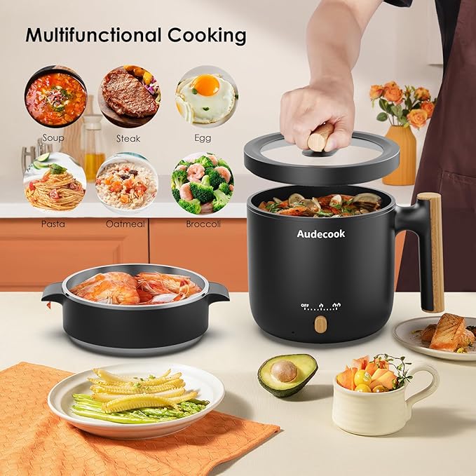 Audecook Hot Pot Electric with Steamer, 1.8L Portable Mini Travel Cooker