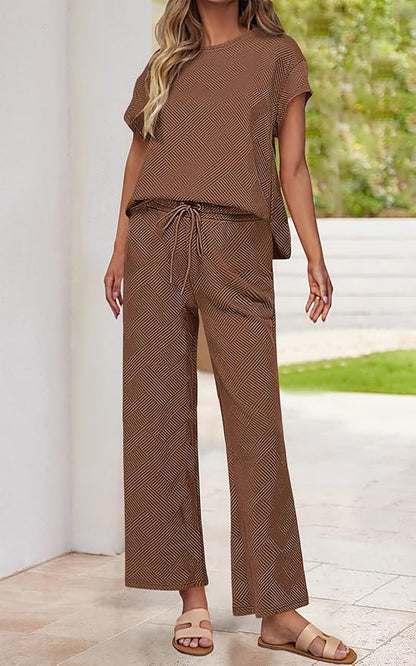 PRETTYGARDEN 2 Piece Outfits For Women Casual Tracksuit Short Sleeve Tops And Wide Leg Long Pants Matching Lounge Sets