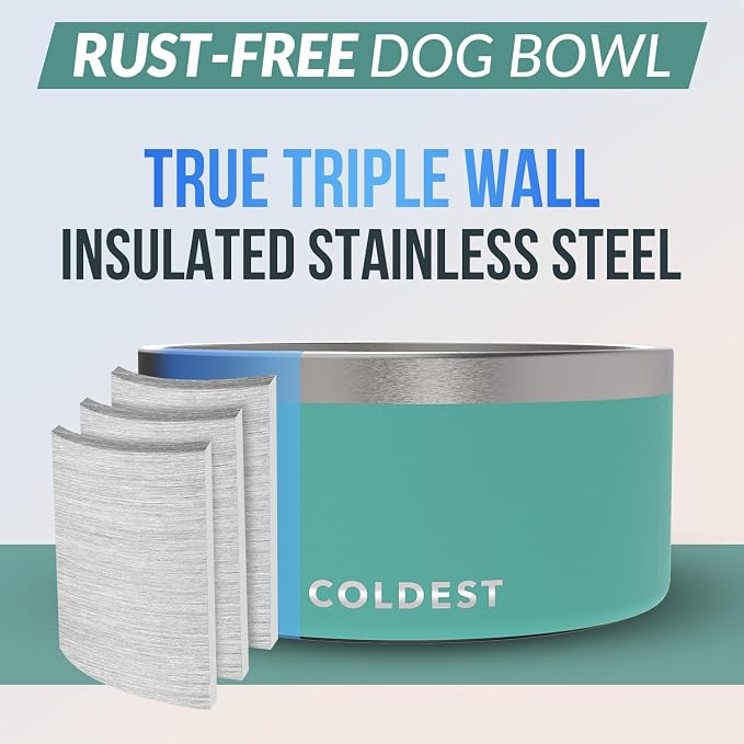 Coldest Dog Bowl - Anti Rust Metal, Non Slip, 3 Layers Insulated Stainless Steel Dog Bowls - Spill Proof & Heavy Duty - Water Bowl for Dogs, Cats & Pets, Dish Washer Safe (200 oz, Terraform Green)