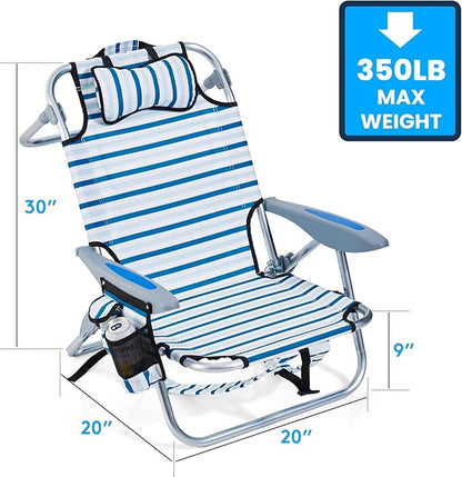 Canpsky Portable Beach Chair for Adults, Outdoor Camping Chair Lay Flat Folding Backpack Beach Reclining Chair with 5 Positions, Headrest, Cup Holder, Heavy White Striped