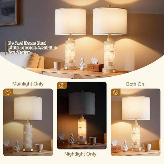 27" Natural Alabaster Wood Table Lamp Set of 2 with Night Light for Living Room, Nightstand Lamps with USB A+C Ports, Linen Shade, Farmhouse Bedside Lamps for Bedroom,Office,Hotel (Bulbs Included)