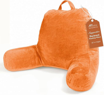 Sasttie Reading Pillow, Velvet Back Pillow for Bed Sitting Up, Adult Back-Rest Support Cushion with Arms for Sit Up on Couch, Sofa, and Floor, Dorm Essentials, Reading Accessories, Orange