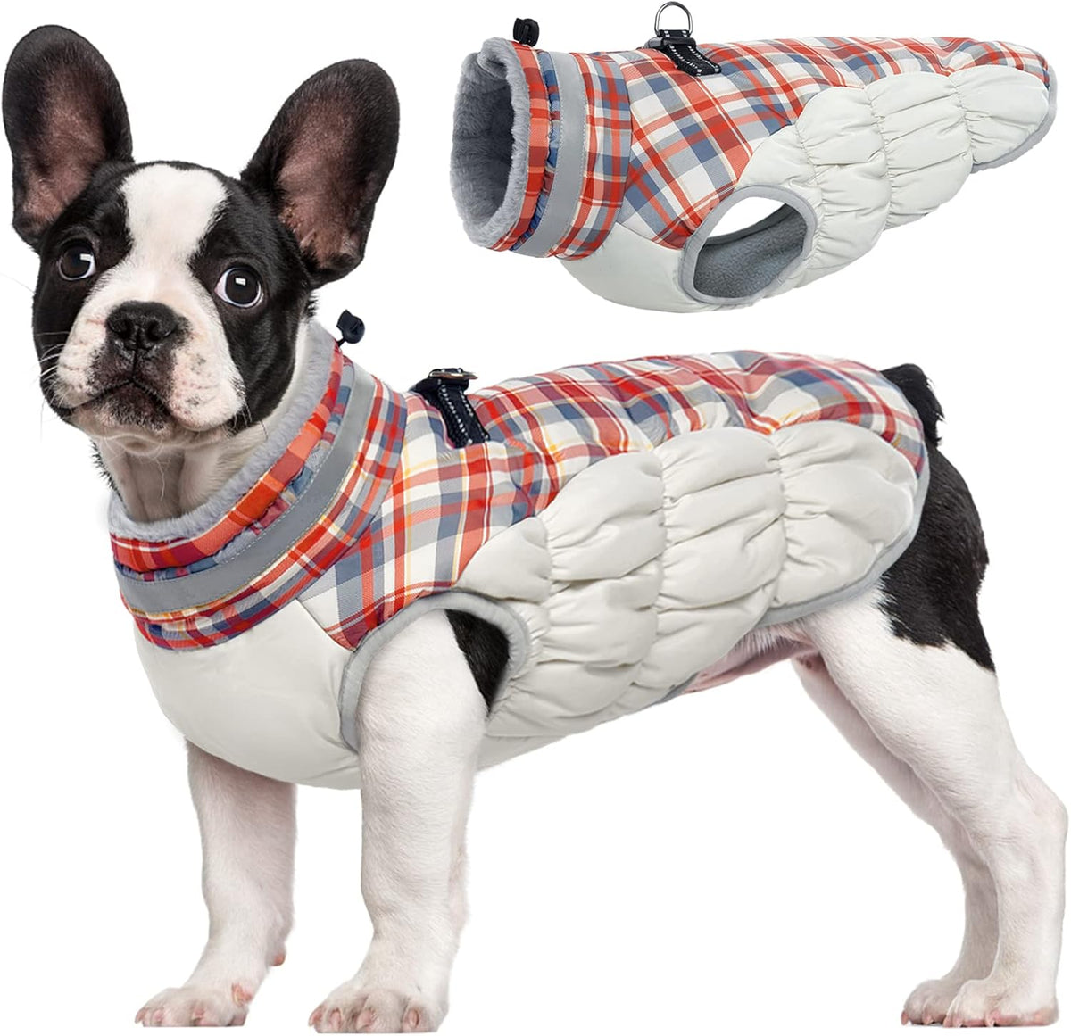 FUAMEY Dog Coat for Small Dogs,Waterproof Dog Winter Jacket with Harness Built in Puppy Cold Weather Coats Reflective Pet Vest with Zipper Warm Fleece Dogs Snowsuit Windproof Red Plaid XS